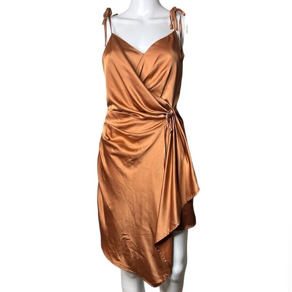 SHEIN Silky Asymmetrical Mini Dress Golden Brown Size XS - Picture 1 of 3